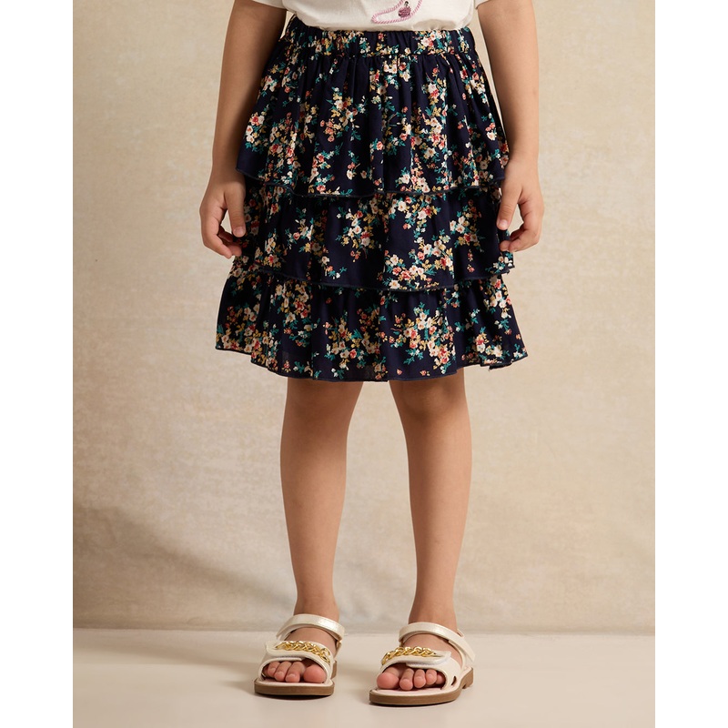 Girls Black Floral Print Skirt