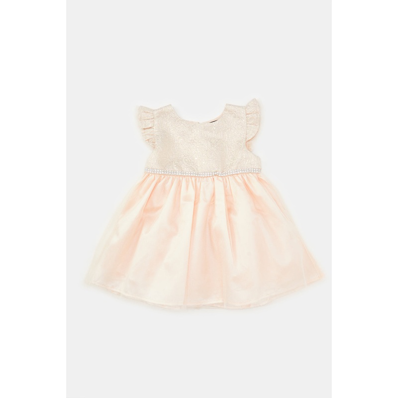 Infant Girls Beige Jacquard Yoke Dress