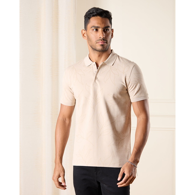 Men Beige Leaves Print Polo Shirt