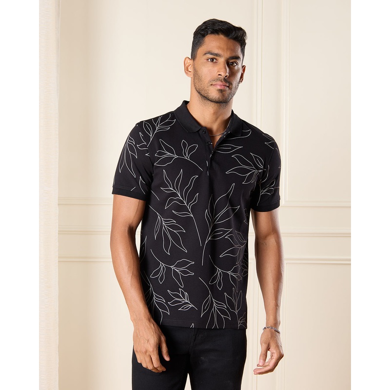 Men Black Leaves Print Polo Shirt