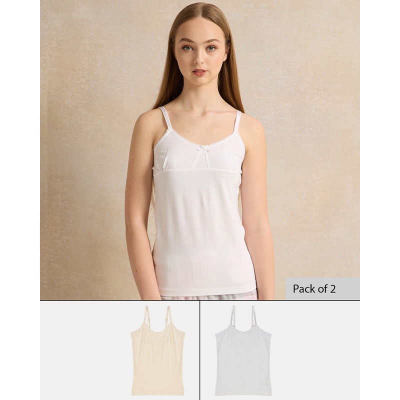 Senior Girls White And Beige Vest Set (Pack Of 2)