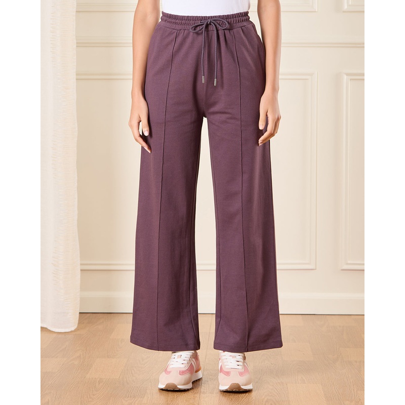 Women Burgundy Solid Active Wide Leg Pants