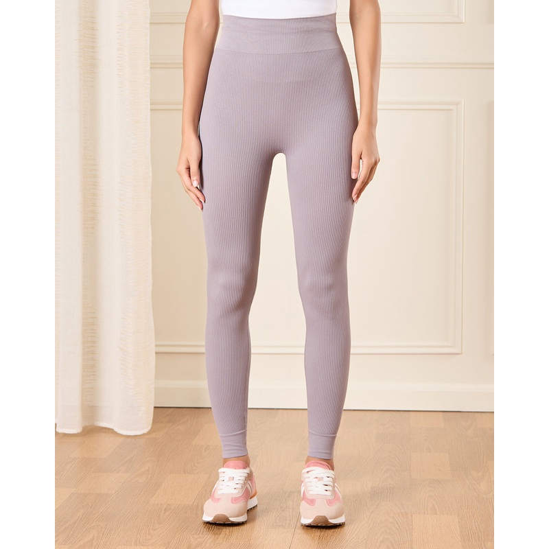 Women Grey Ribbed Active Leggings