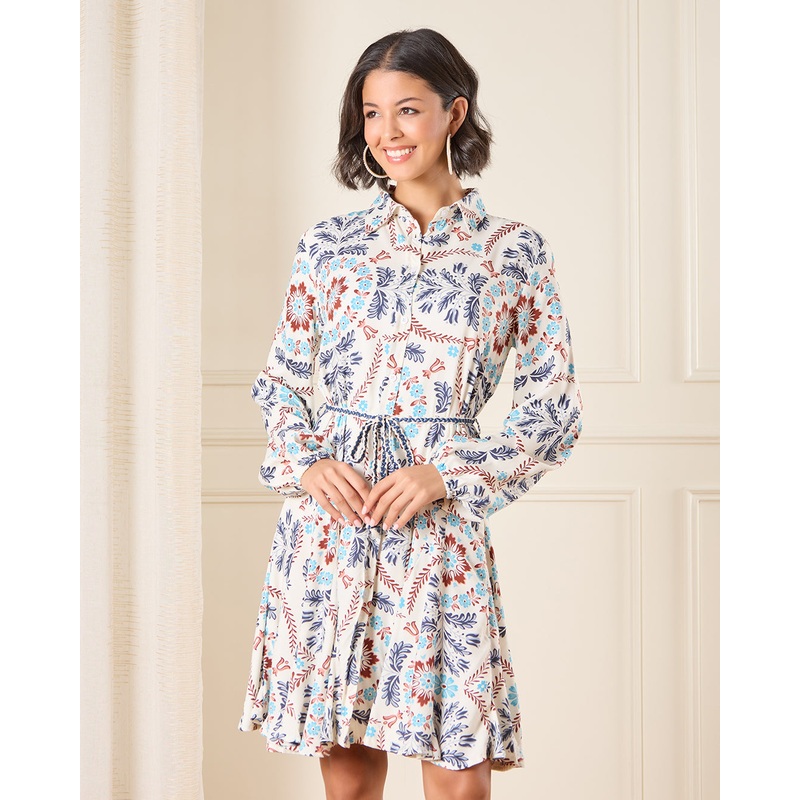 Women Ivory Printed Knee Length Belted Dress