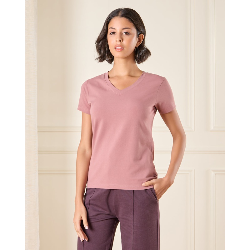 Women Lilac Short Sleeve V Neck T-Shirt