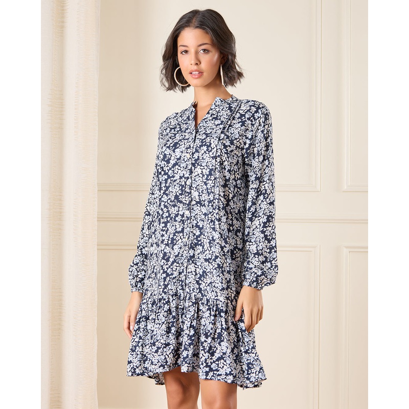 Women Navy Printed Knee Length Belted Dress