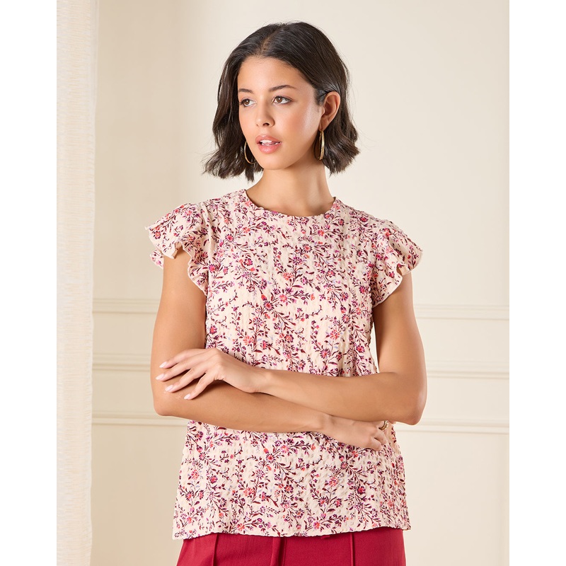 Women Pink Printed Cap Sleeve blouse