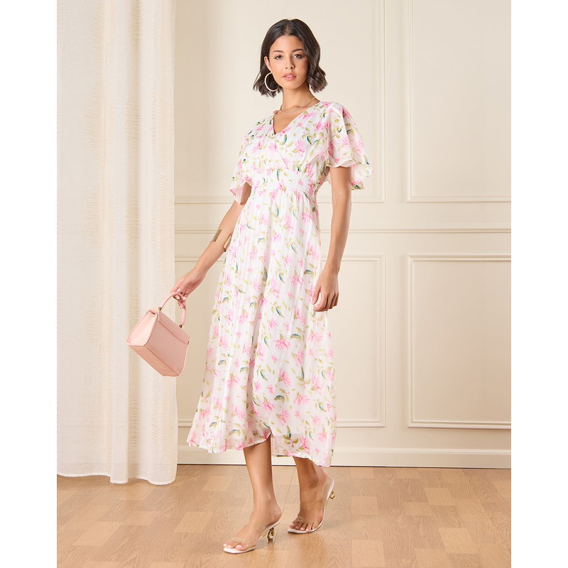 Women White Printed Smoking Waist Detailed Midi Dress