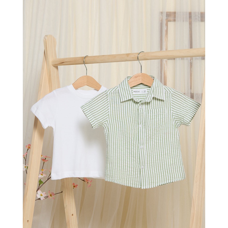Infant Boys white T-Shirt And Green Striped Shirt (2 Piece)