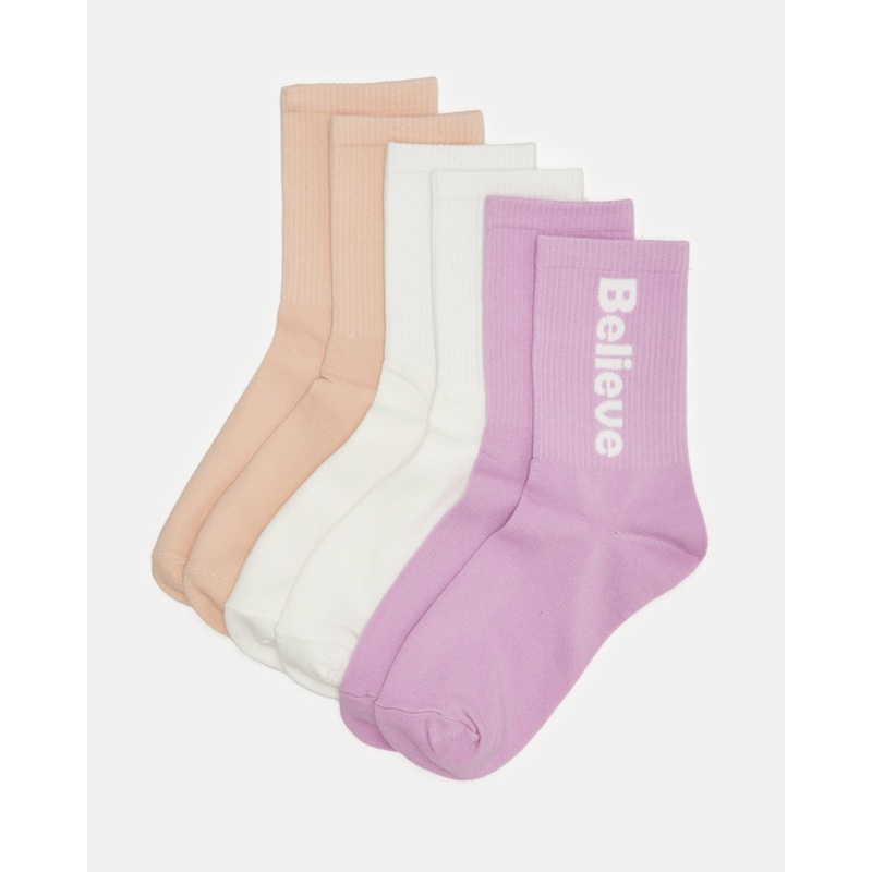 Women Assorted Believe Print Crew Length Socks (3 Pairs)