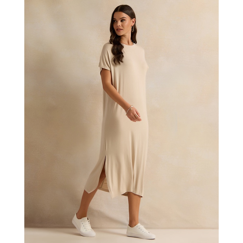 Women Beige Short Sleeve Dress