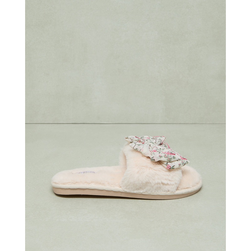 Women Beige Slipper With Bow Trim