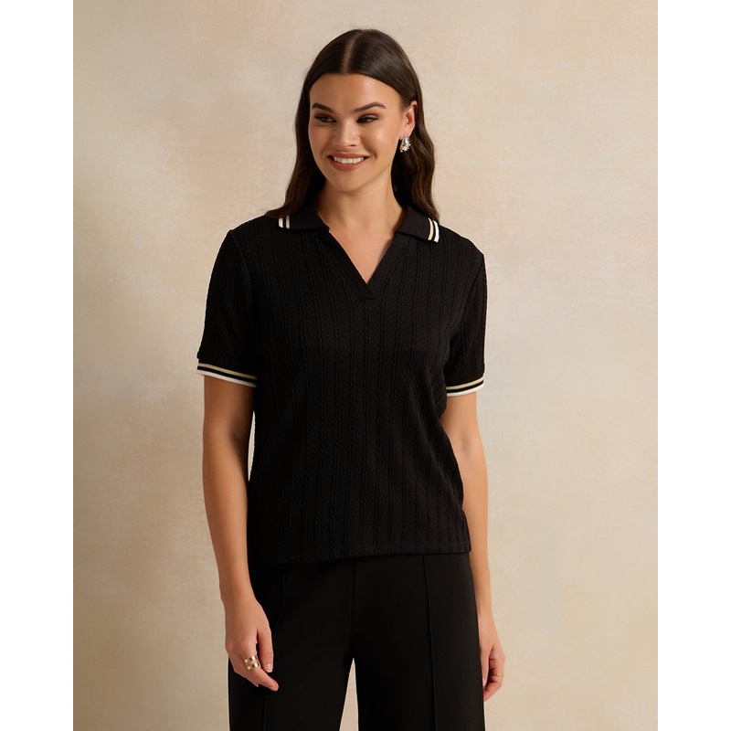Women Black Jacquard Collared Top