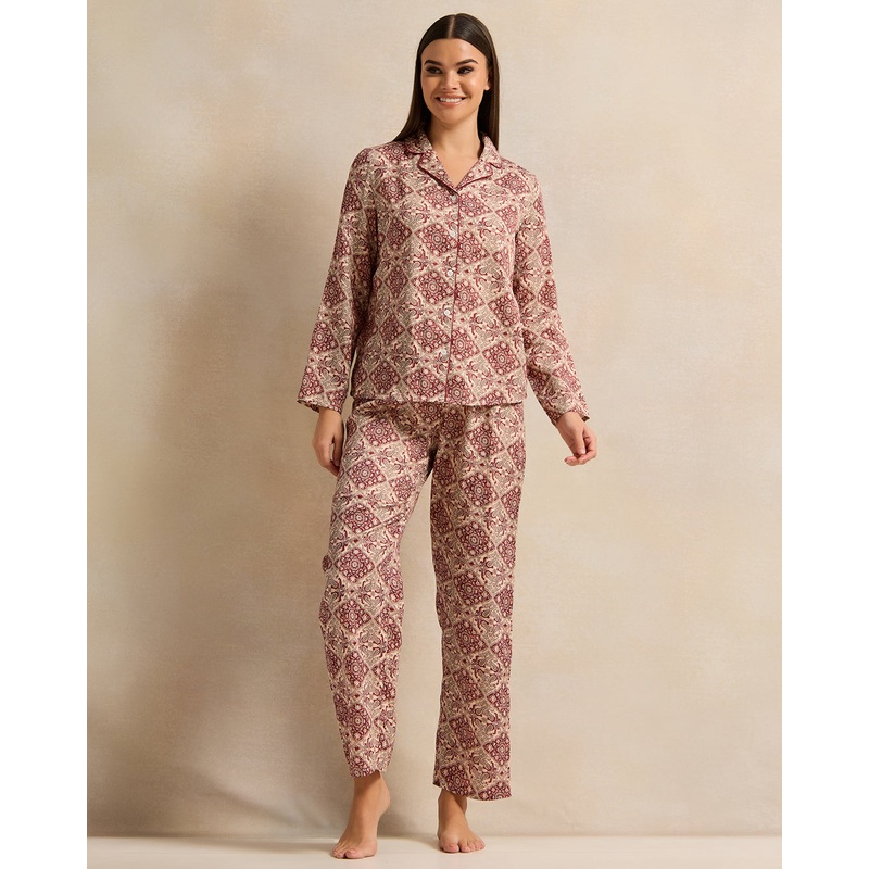 Women Ivory Classic Cotton Satin Pajama Set (2 Piece)