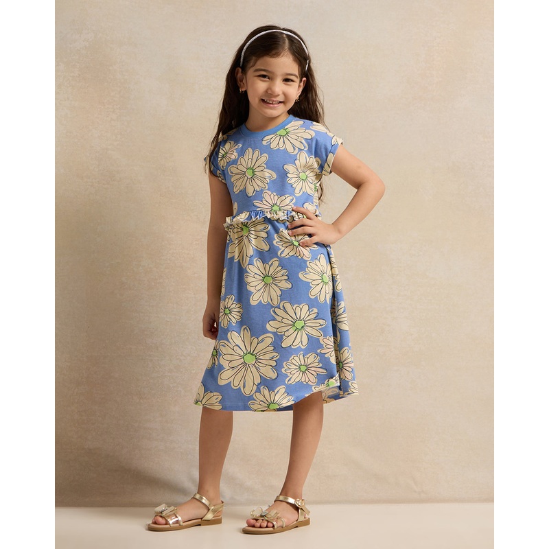 Girls Blue Allover Print Frills Jersey Dress