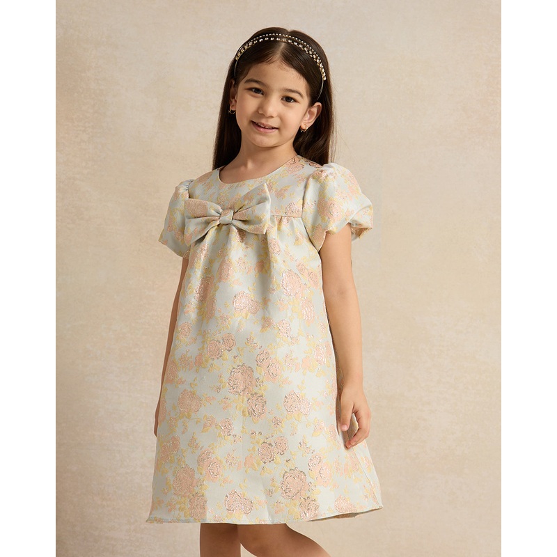 Girls Blue Floral Print Jacquard Dress