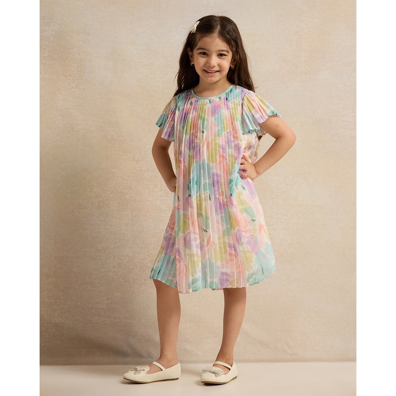 Girls Multicolour Flutter Plisse Pleated Chiffon Dress