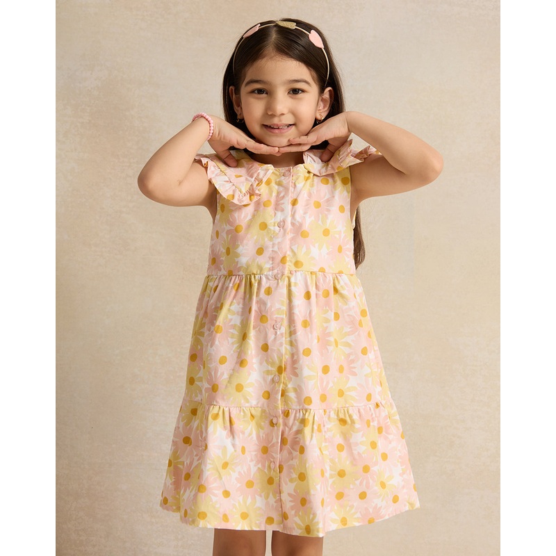 Girls Orange Frill Sleeves Allover Print Dress