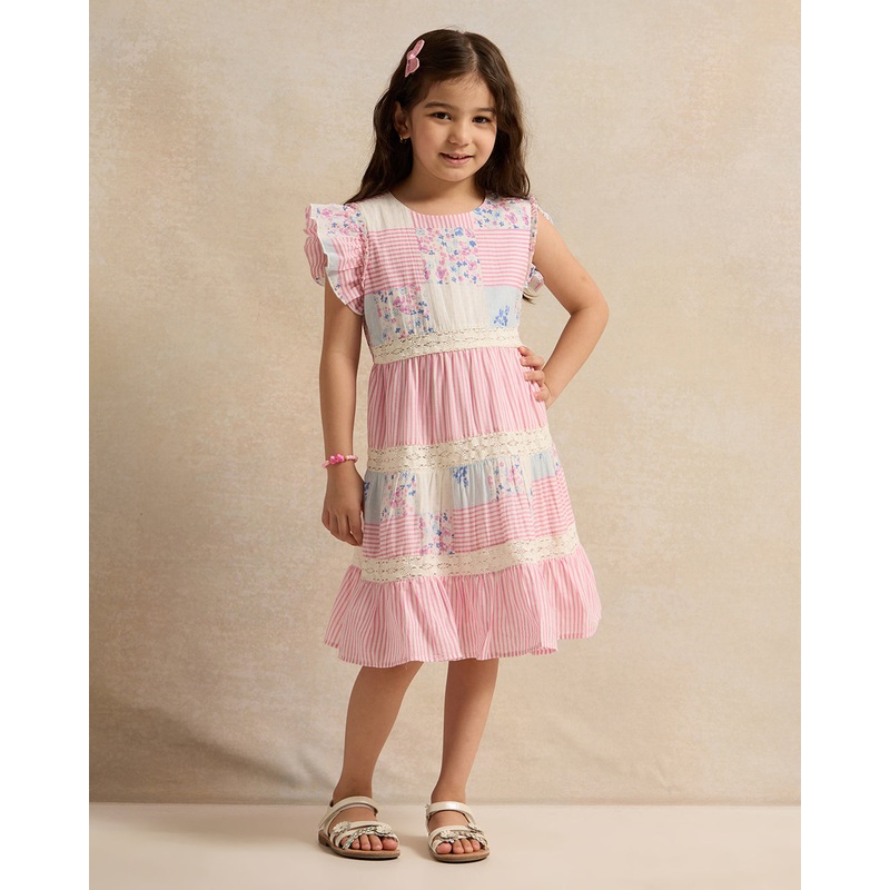 Girls Pink Print Woven Dress With Lace Details