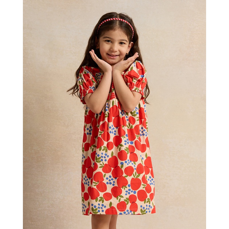 Girls Red Allover Print Poplin Dress