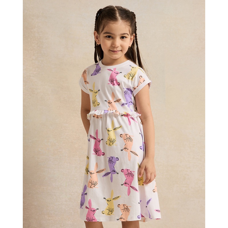 Girls White Allover Print Frills Jersey Dress