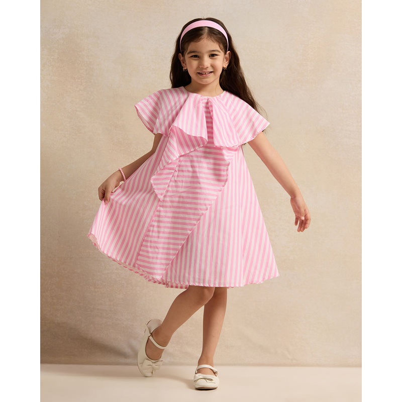 Girls White And Pink Stripes Dress With Ruffle Sleeve