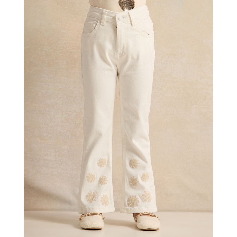 Girls White Front Back Embroidered Denim Jeans