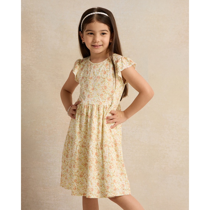 Girls Yellow Frill Sleeves Allover Print Dress