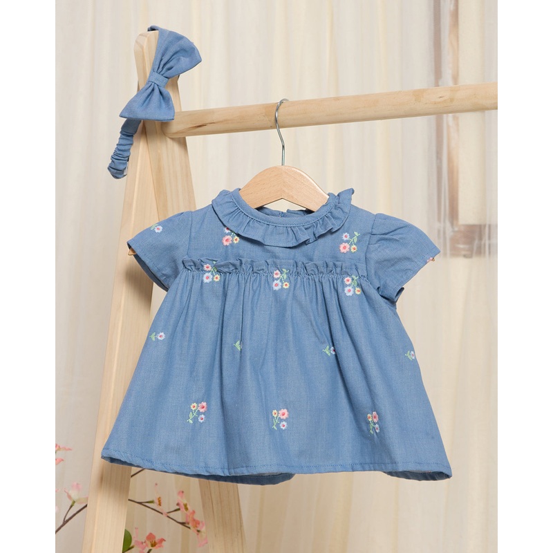 Infant Girls Blue Denim Blouse With All Over Embroidery