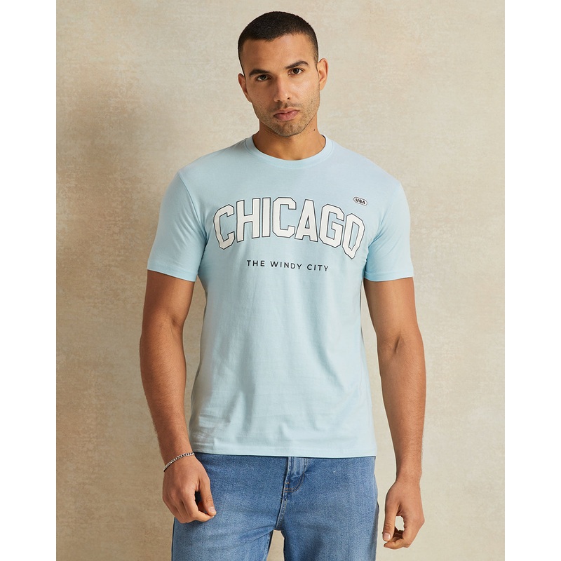 Men Blue Chicago Print T-Shirt