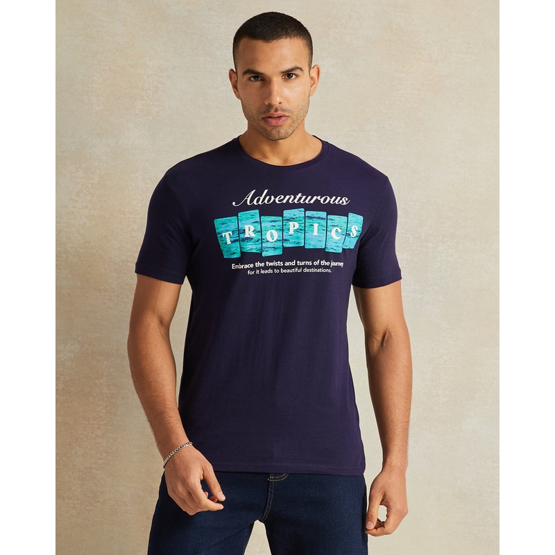 Men Navy Short Sleeve Printed T-Shirt