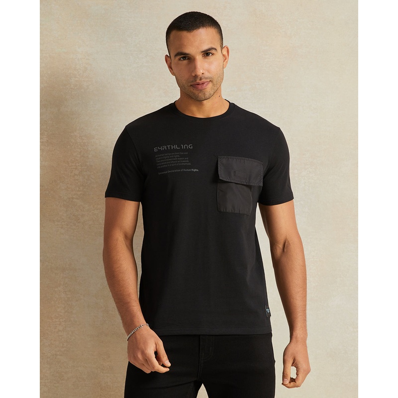 Men Printed Black Pocket Short Sleeve T-Shirt