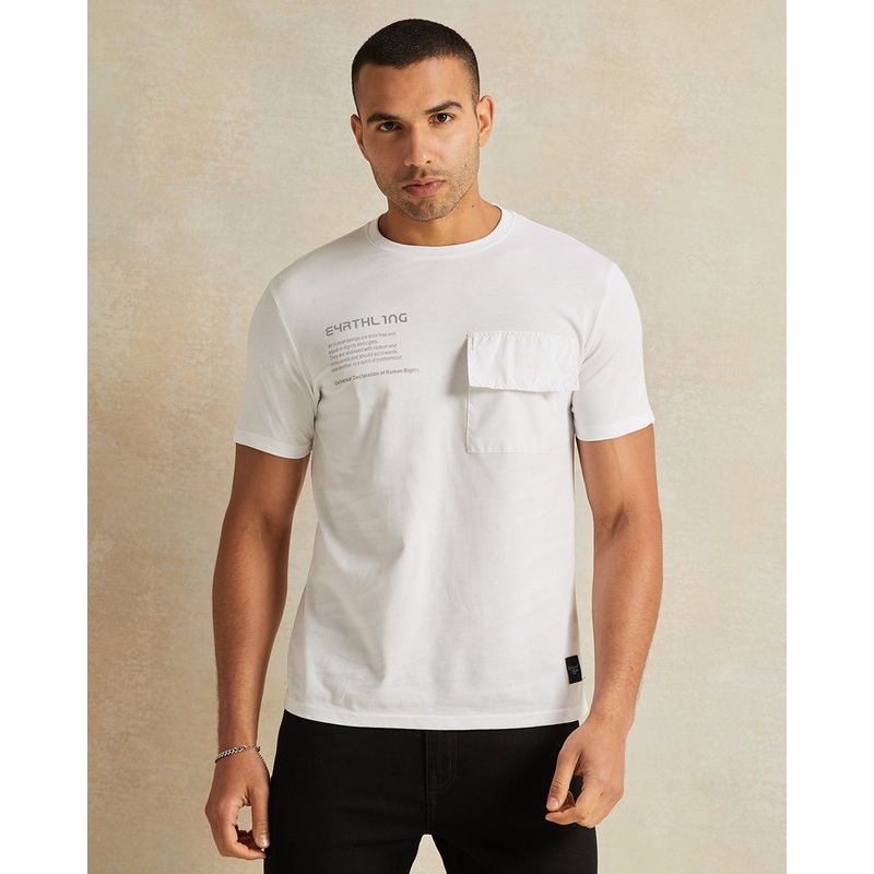 Men Printed White Pocket Short Sleeve T-Shirt