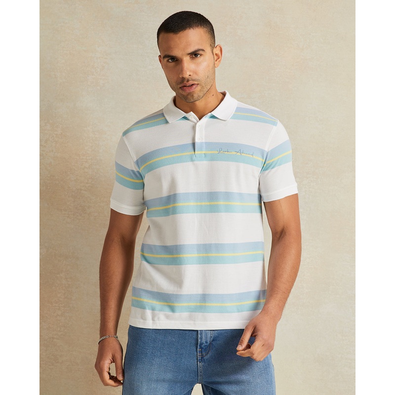 Men White Striped Polo T-Shirt