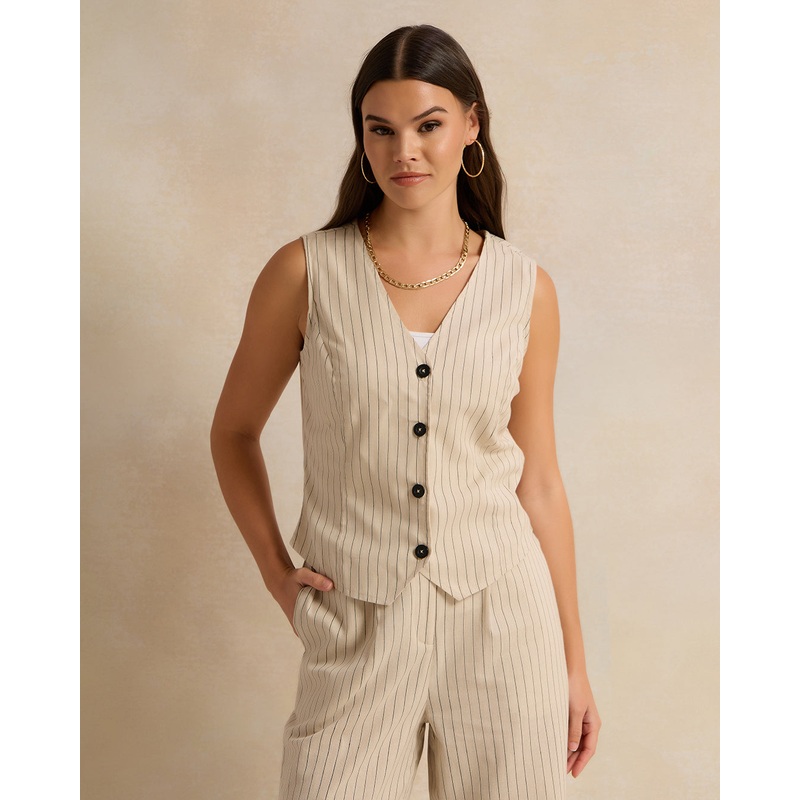 Women Beige Button Down Striped Waist Coat