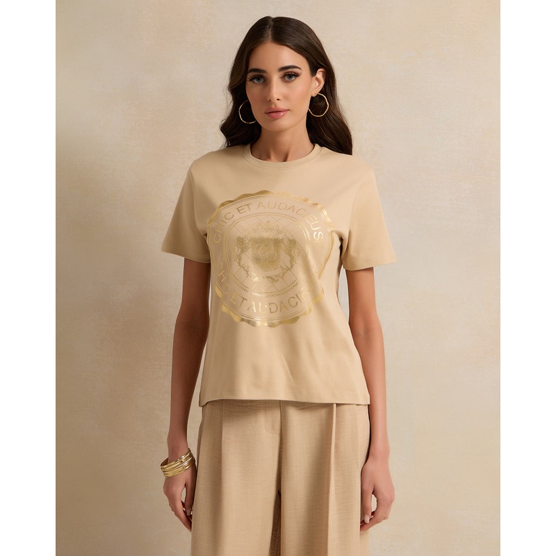 Women Beige Embellished With Front Prints And Shoulder Buttons T-Shirt