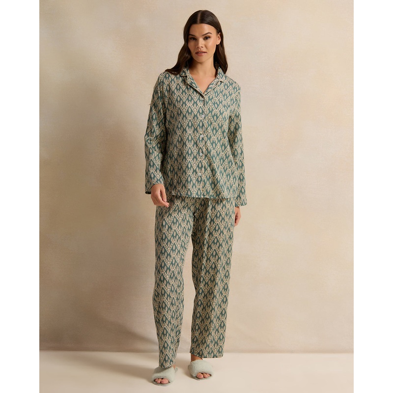 Women Beige Floral Collared Pyjama Set (2 Piece)
