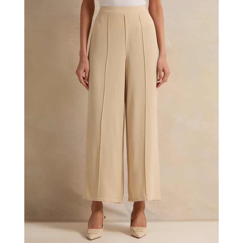 Women Beige Plain Wide Leg Trouser