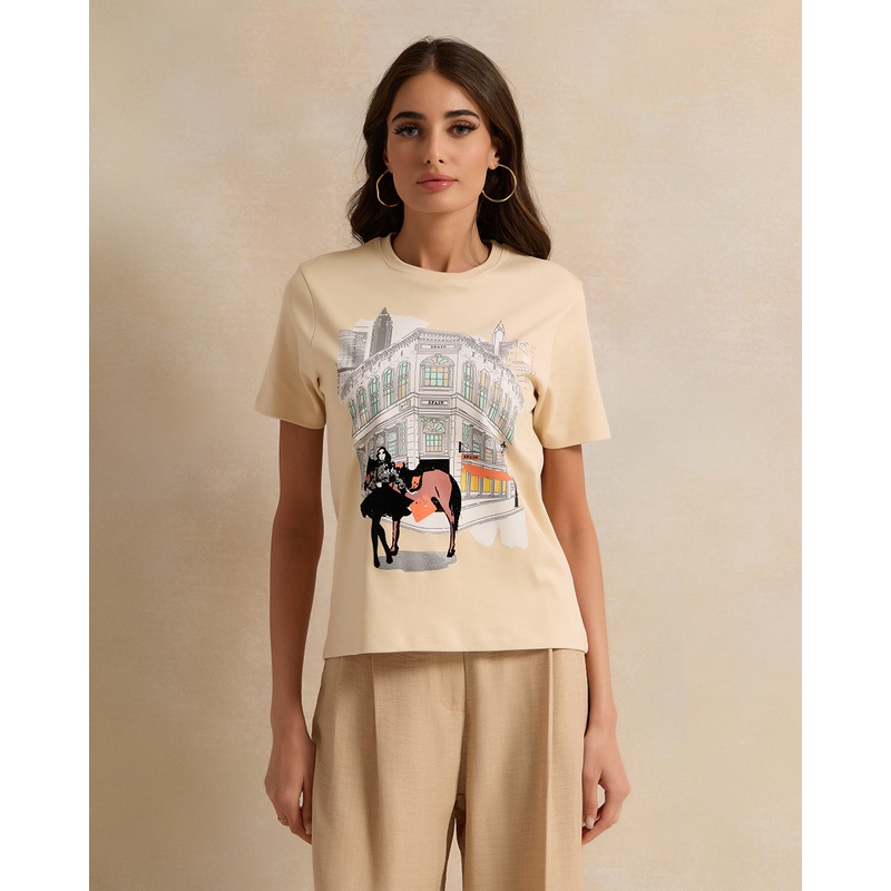 Women Beige Printed And Embroidered Short Sleeve T-Shirt