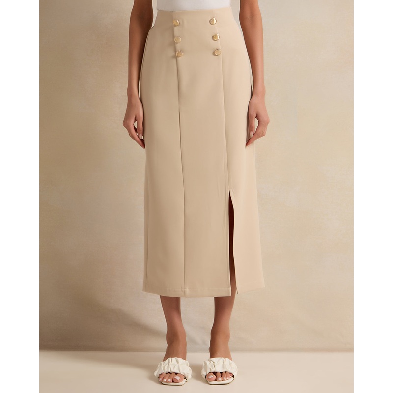 Women Beige Skirt With Button Details