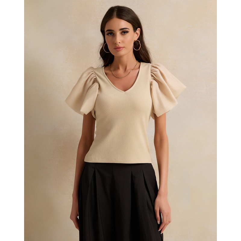 Women Beige Solid Puff Short Sleeve Top