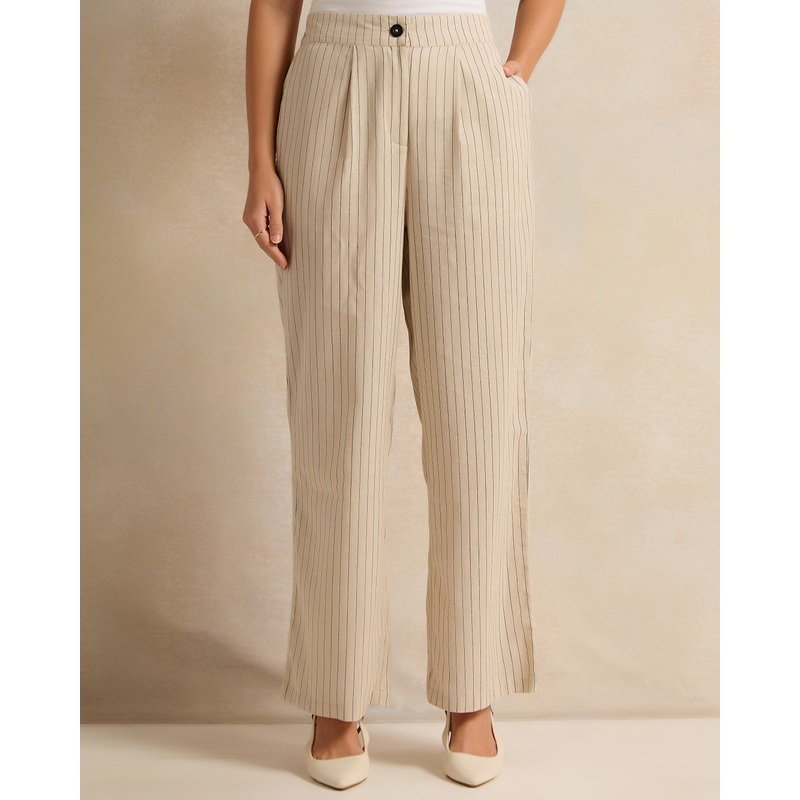 Women Beige Striped Wide Leg Pants