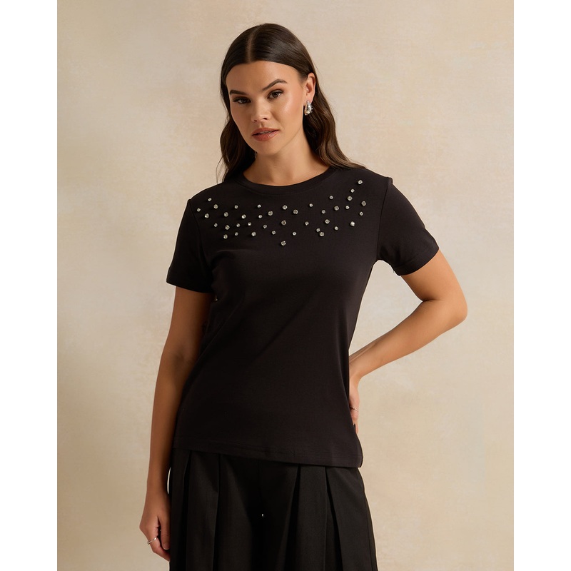 Women Black Embellished T-Shirt
