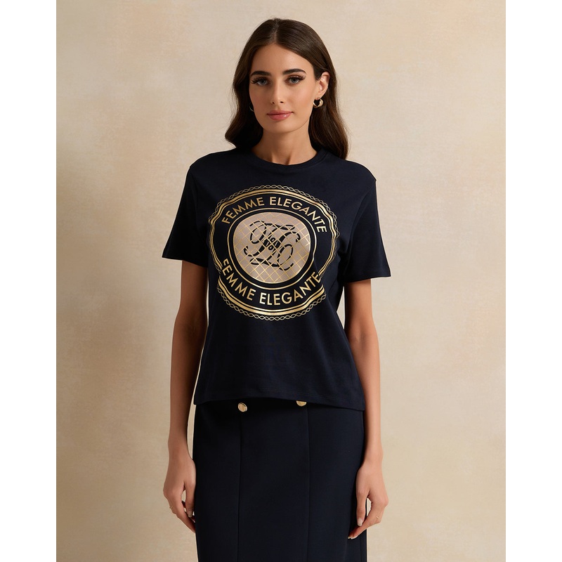 Women Black Embellished With Front Prints And Shoulder Buttons Detail T-Shirt