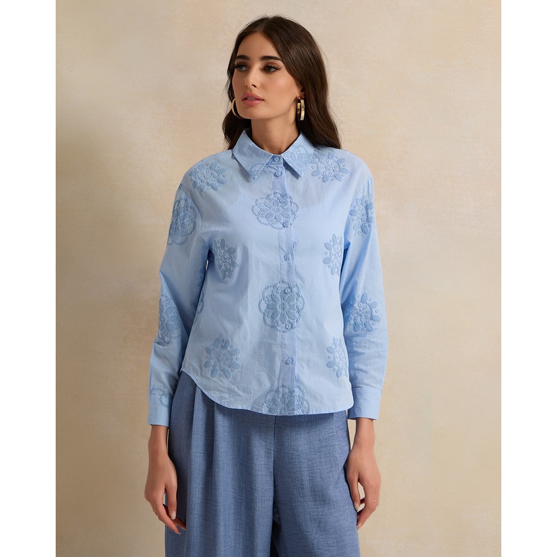 Women Blue Printed Button Down Blouse