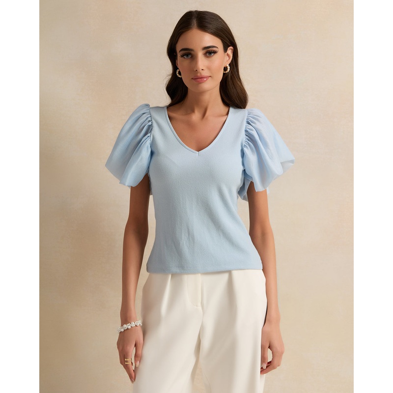 Women Blue Solid Puff Short Sleeve Top