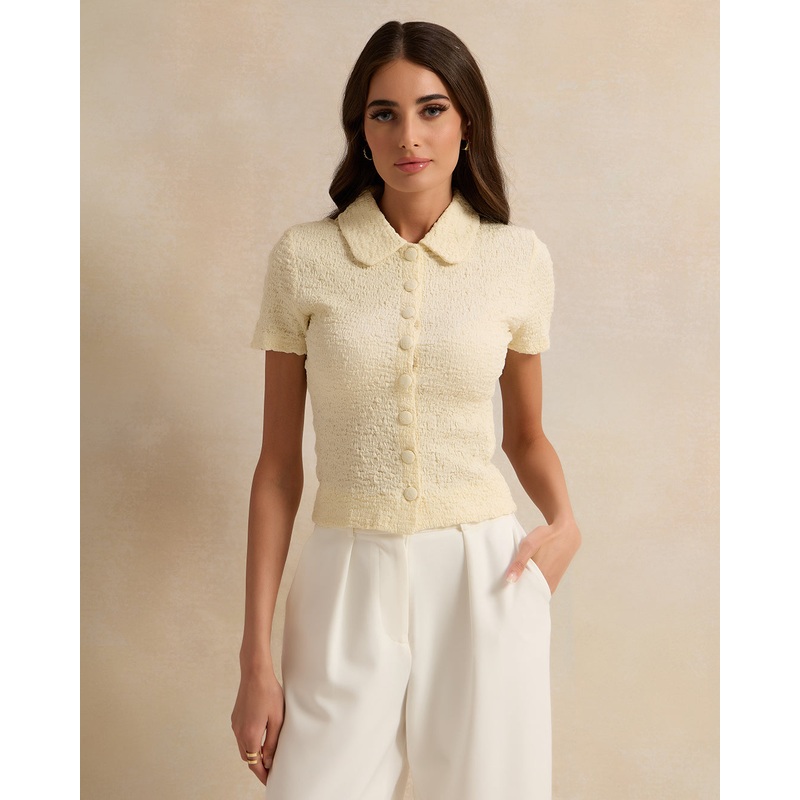 Women Cream Collared Textured Top