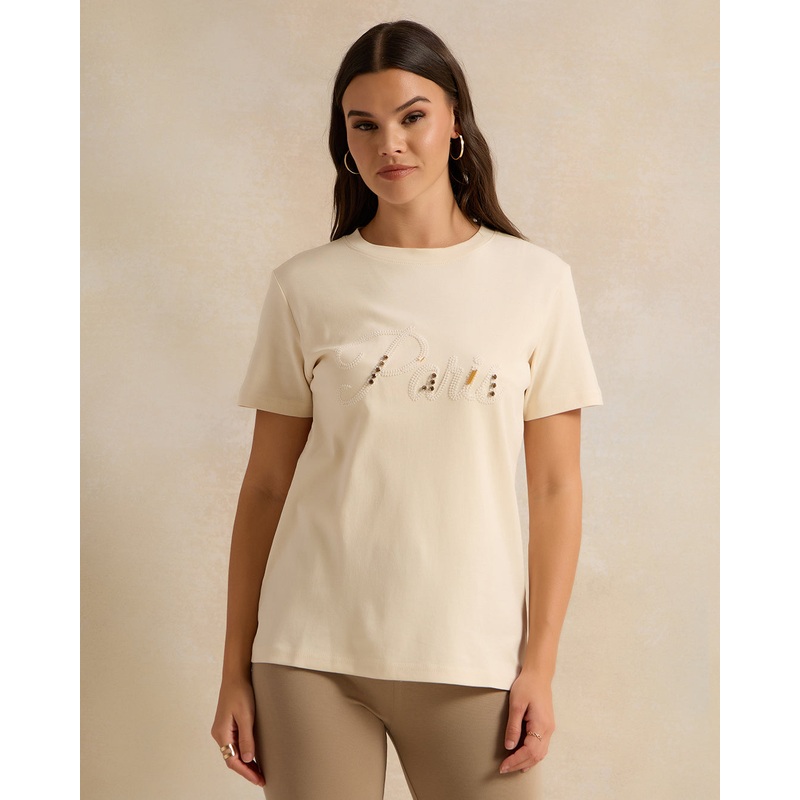 Women Cream Embellished T-Shirt