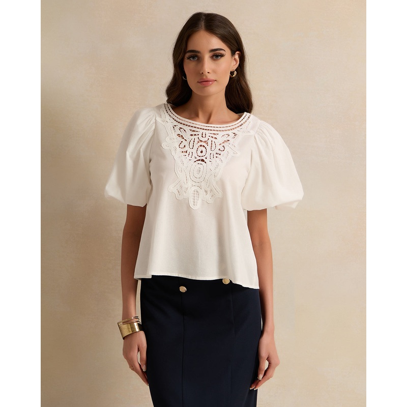 Women Ivory Embellished Short Sleeve Top