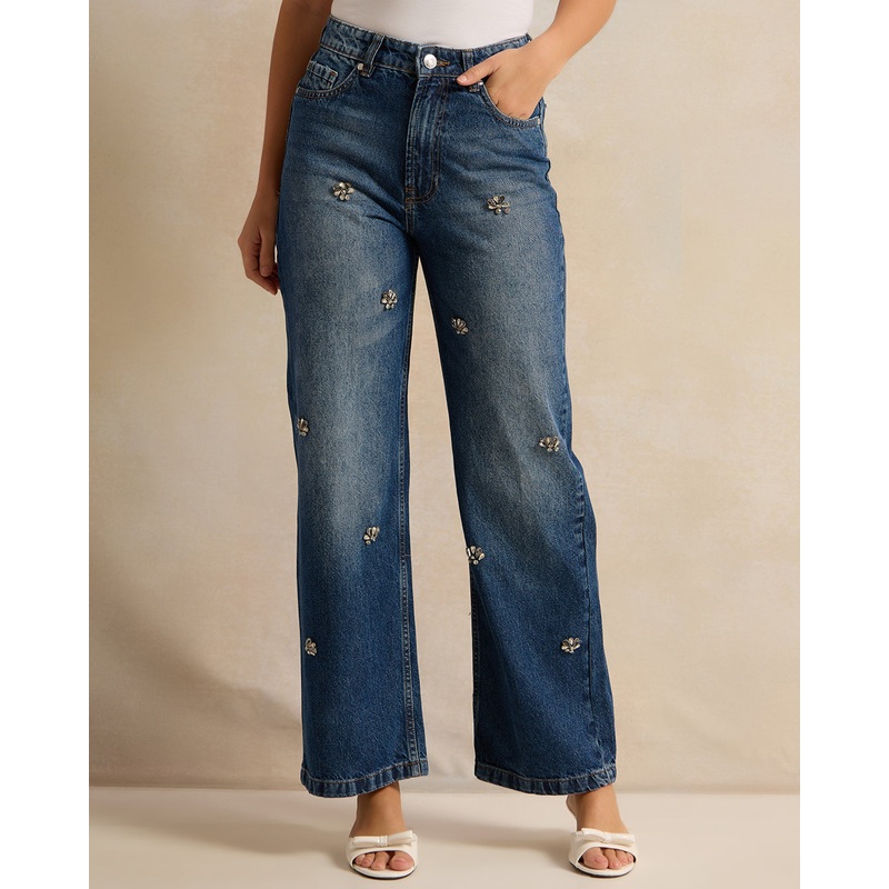 Women Navy Embellished Wide Leg Jeans